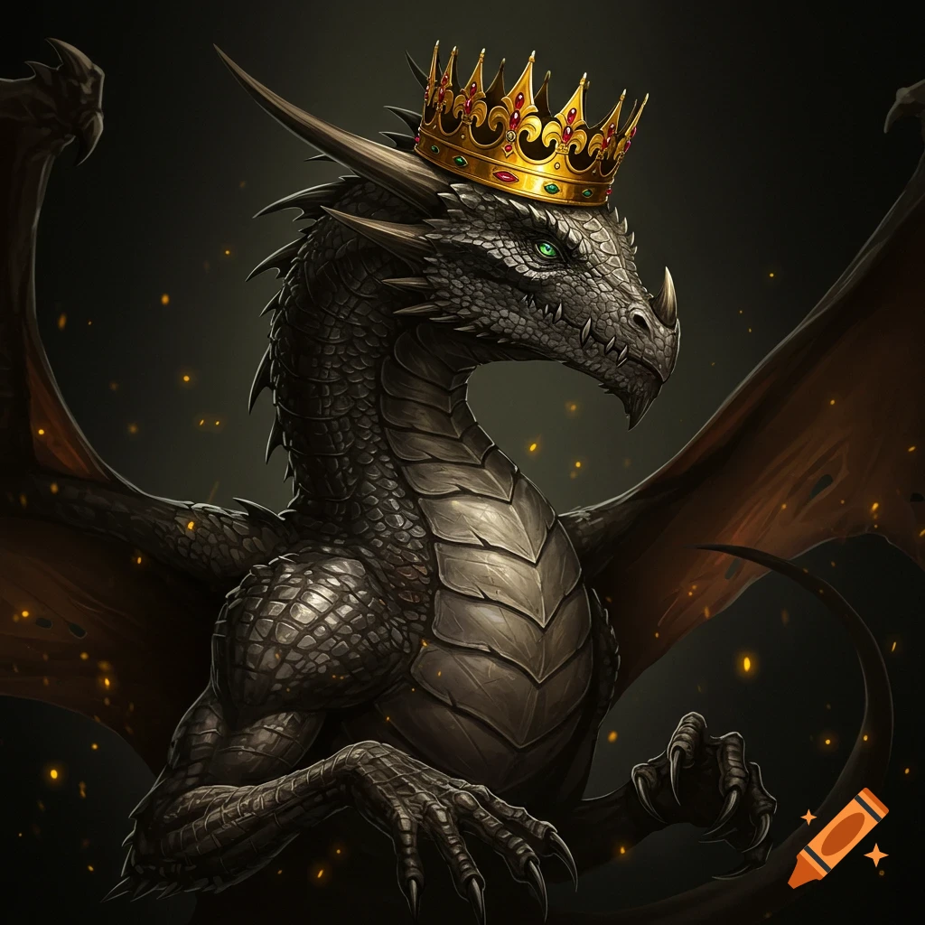 A majestic dark scaly dragon with vibrant green eyes and large wings, wearing an ornate golden crown, against a dark background with sparkling embers.