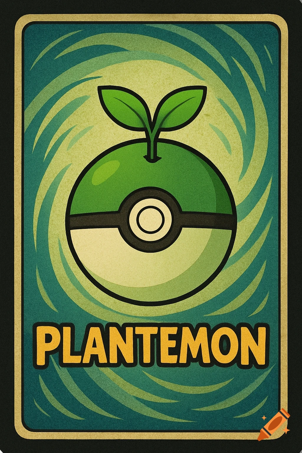 A stylized green and beige trading card back with a plant-themed Pokeball design and the word 'PLANTEMON' at the bottom.