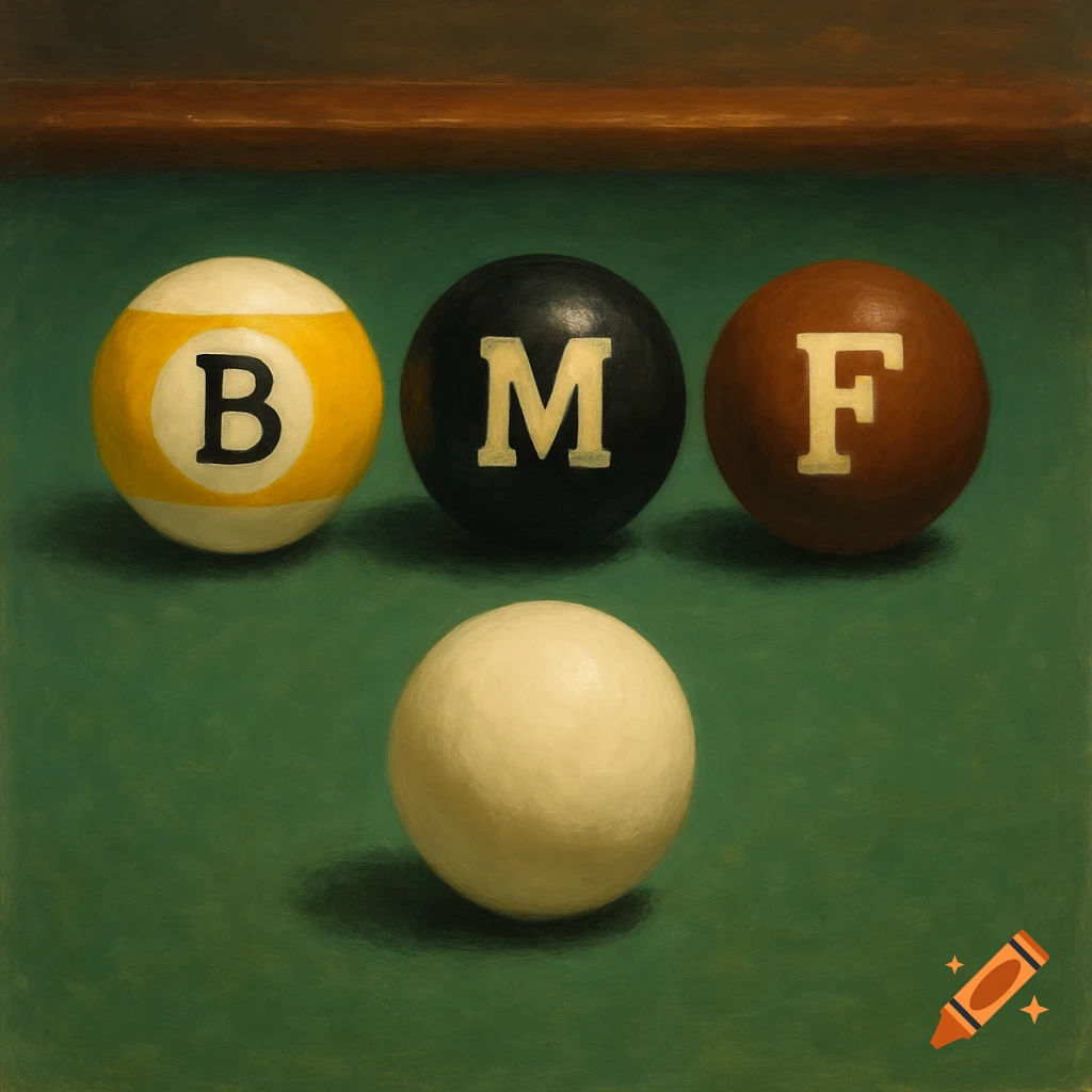 Four billiard balls, 'B', 'M', 'F', and a cue ball, on a green pool table in a painterly style.