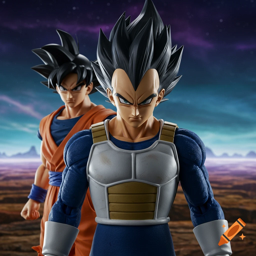 Detailed action figures of Vegeta and Goku from Dragon Ball Z stand against a vibrant, alien landscape background.