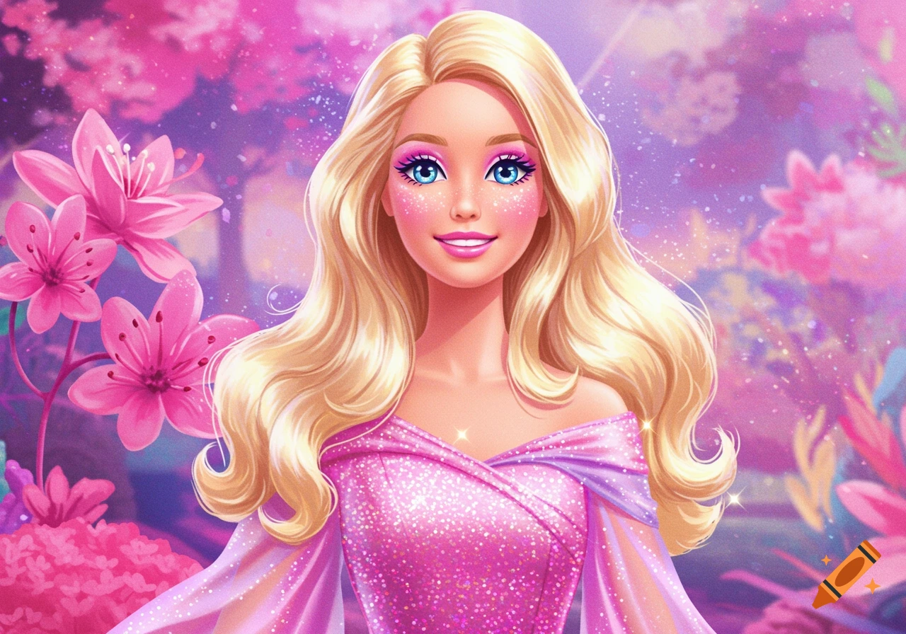 Stylized illustration of a smiling Barbie-like character in a sparkly pink and purple fantasy garden with large pink flowers.