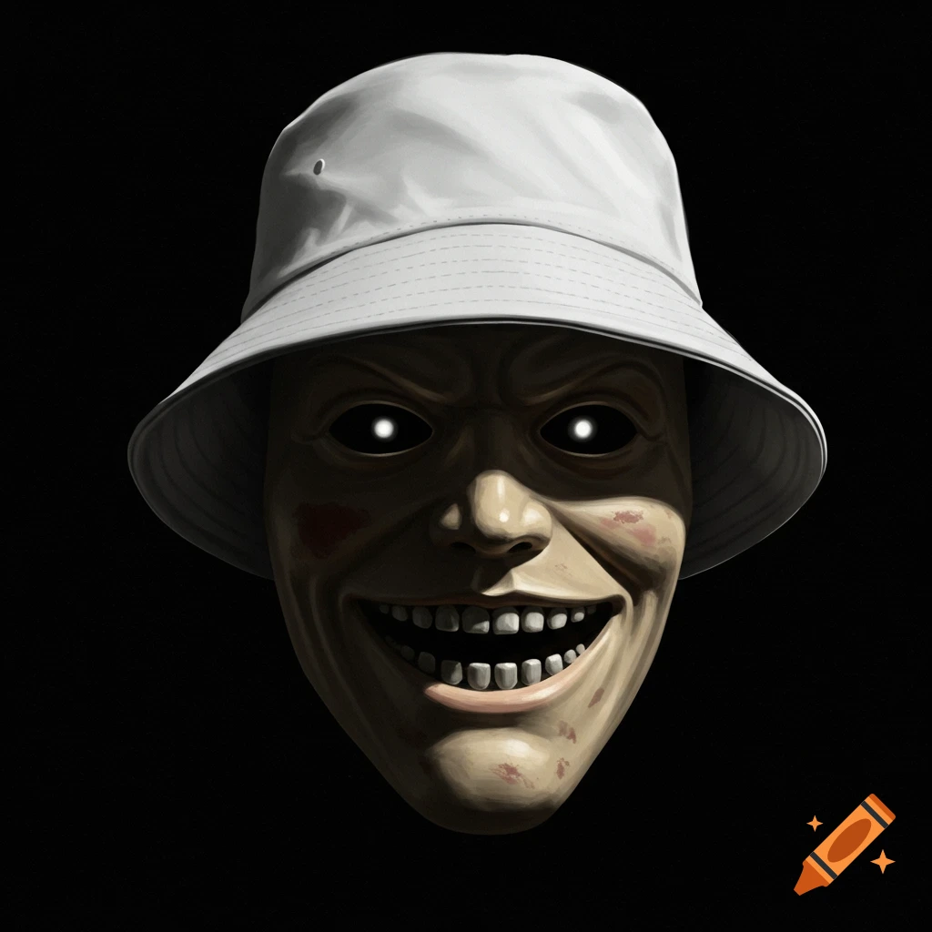 Creepy mask with glowing white eyes and a wide smile, wearing a white bucket hat against a black background.