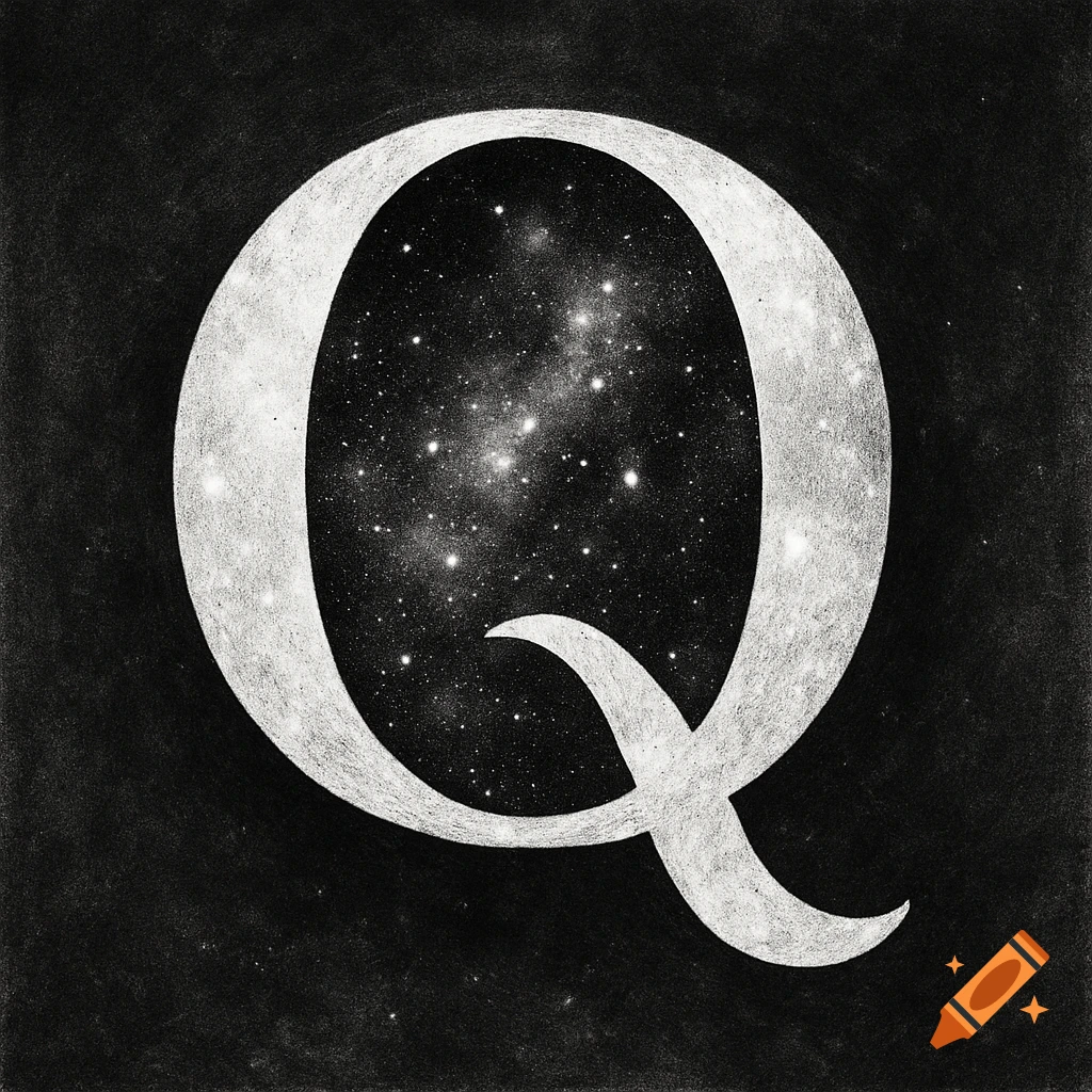 A stylized capital letter Q filled with a galaxy of stars against a dark, textured background, in a black and white pencil sketch style.