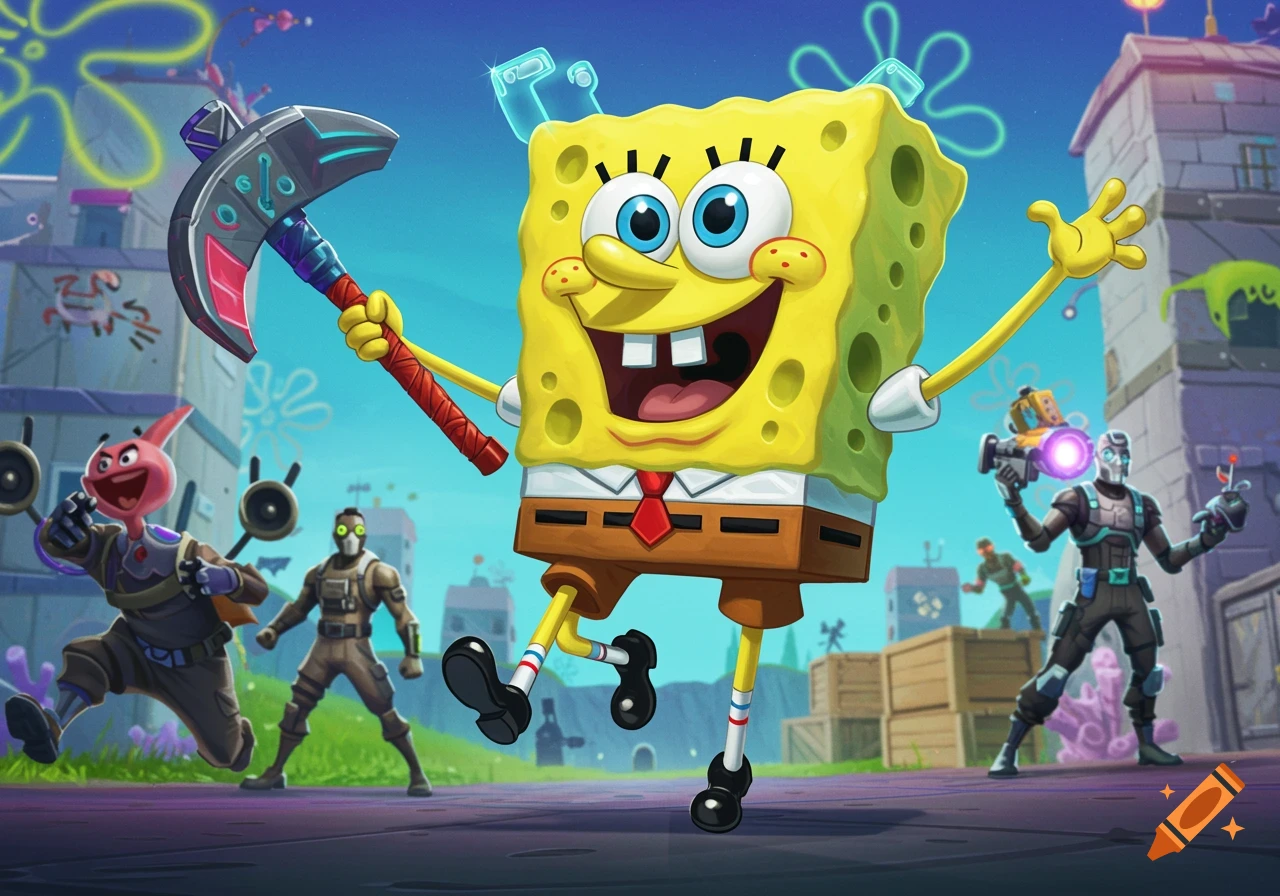 SpongeBob SquarePants holding a pickaxe in a Fortnite-style landscape with other characters.