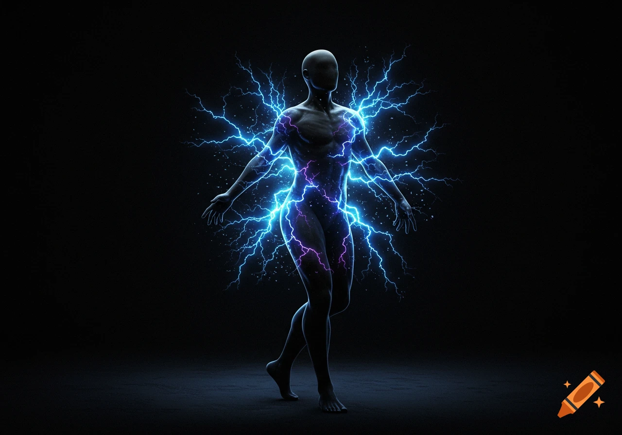 A shadowy, faceless humanoid figure emanates bright blue and purple electricity against a dark background in a digital art style.