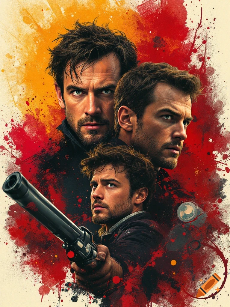 A movie poster style image featuring three men with intense expressions, one holding a gun, against a dynamic background of red and yellow paint splatters.