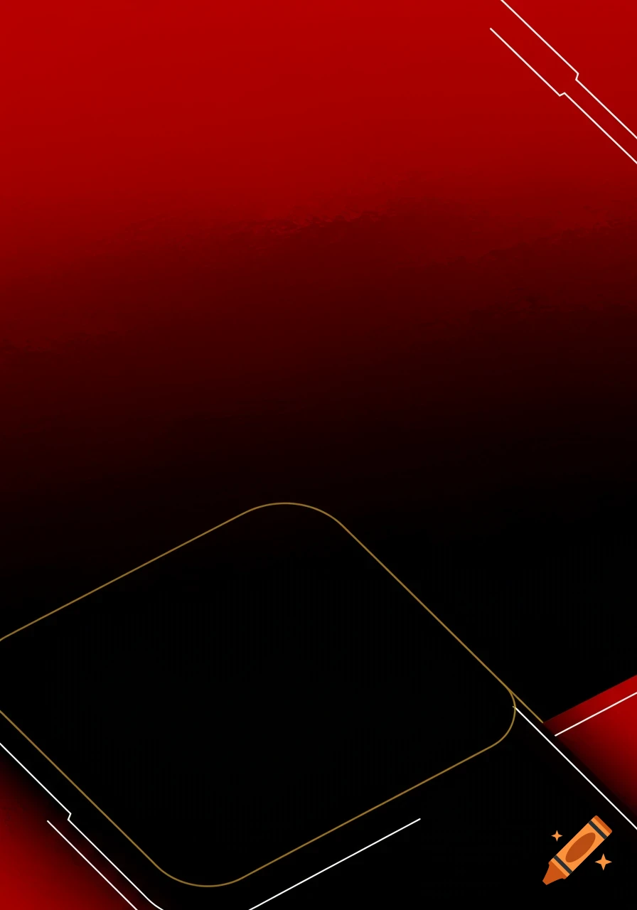 A red and black gradient background with a gold-outlined rounded rectangle and white geometric lines.
