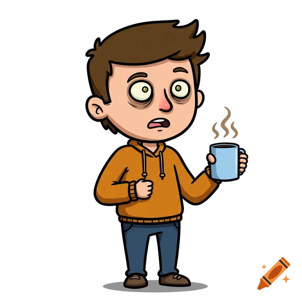 A cartoon of a tired man with wide, bloodshot eyes and dark circles, holding a steaming coffee mug.