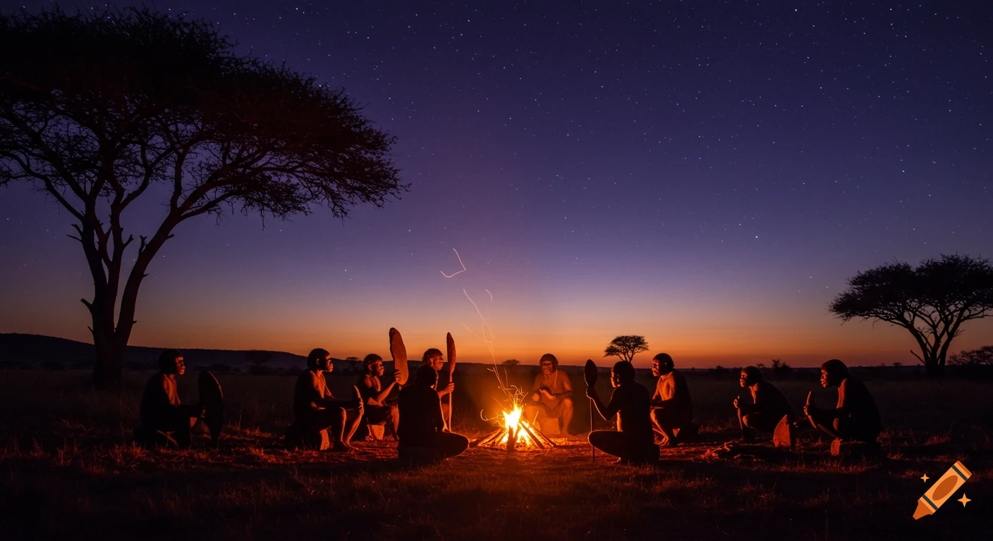 Early humans sit around a glowing campfire at twilight in an African savanna, stars visible in the purple sky, photorealistic.