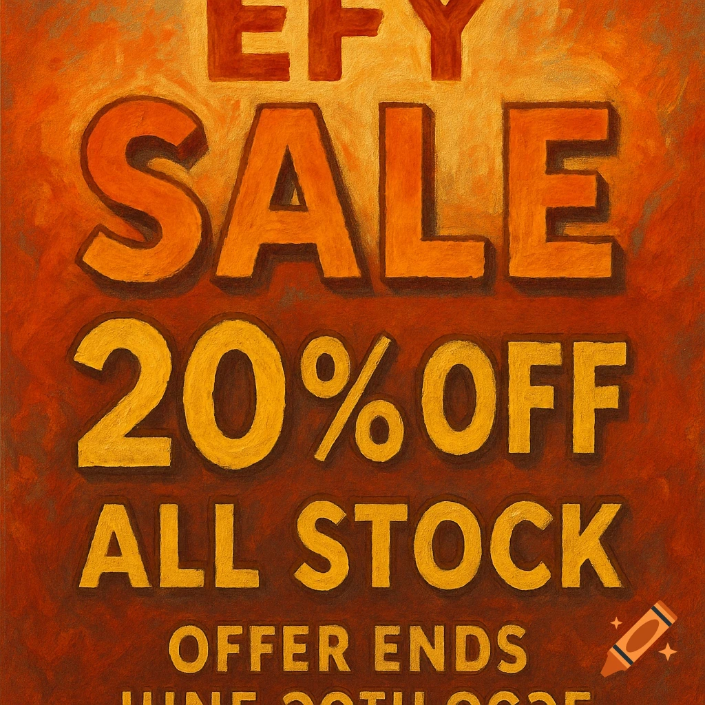 An orange and red sale banner with large block letters announcing "EFY SALE 20% OFF ALL STOCK OFFER ENDS JUNE 30TH 2025". The image has a painted texture.