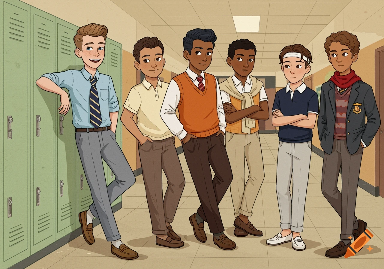 A vibrant cartoon illustration of six diverse teenage boys standing in a school hallway near green lockers.