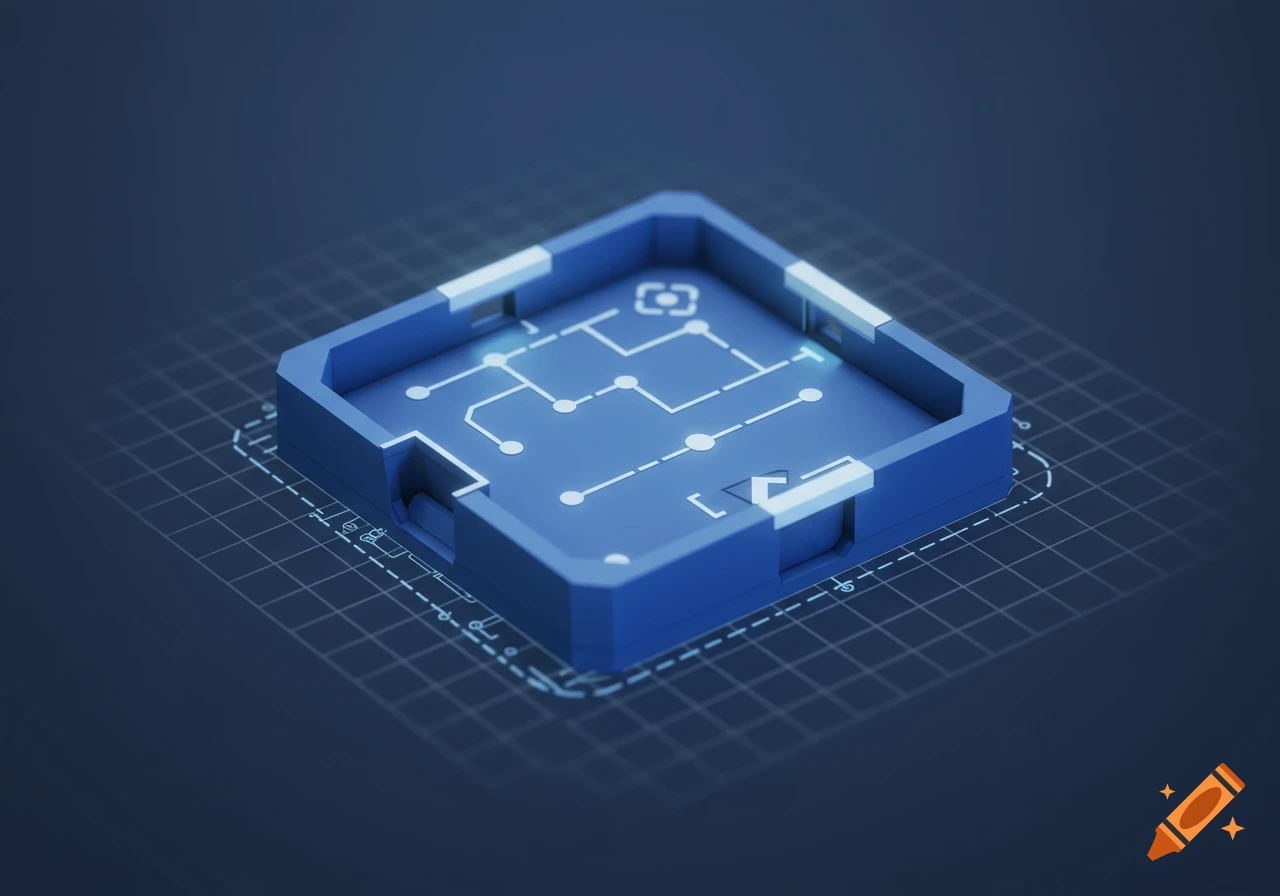 A stylized isometric blueprint icon in blue, displaying a circuit-like design on a dark grid background.
