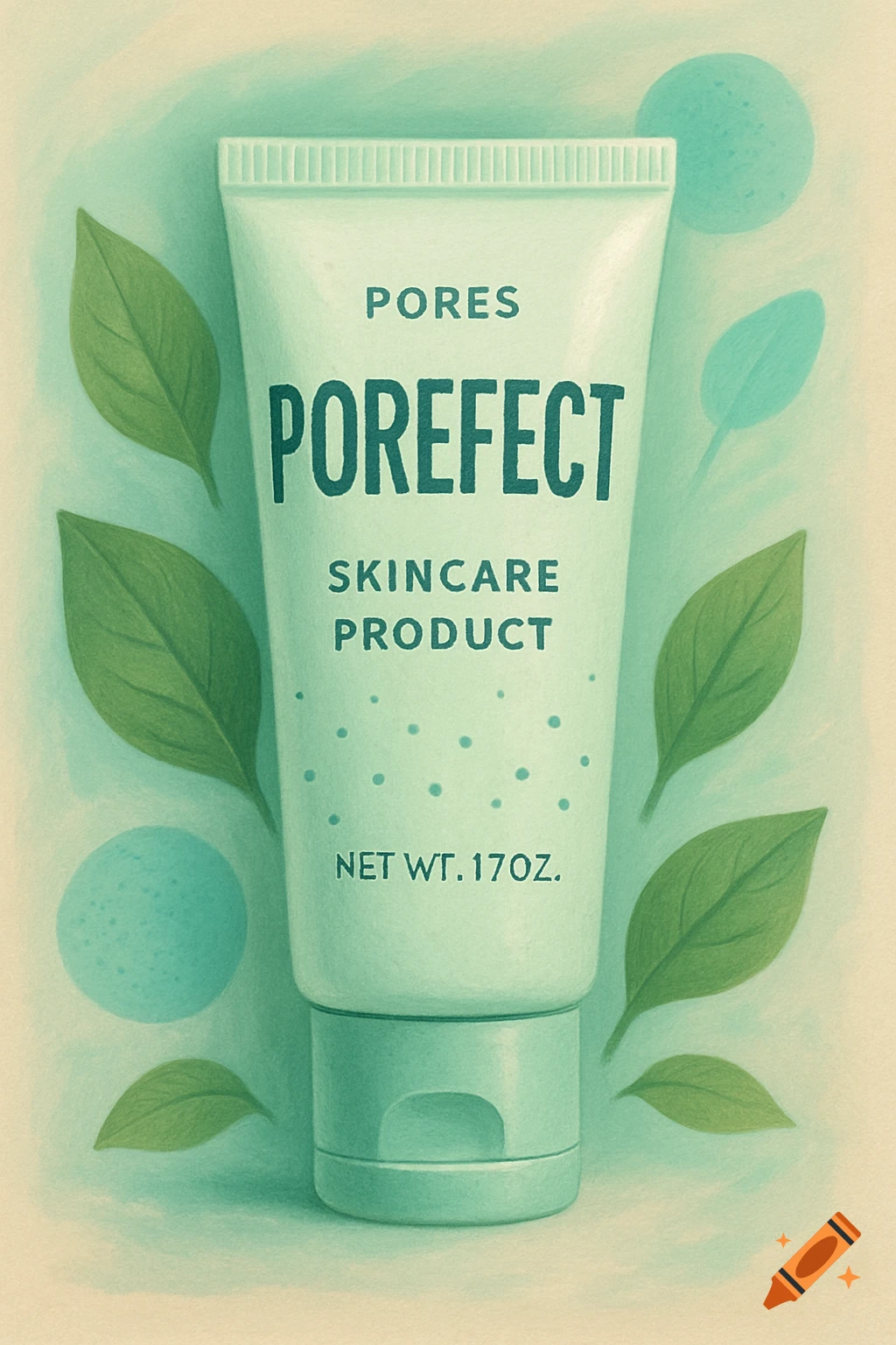 An illustration of a skincare product tube named 'POREFECT' with green leaves and blue circles on a light background.