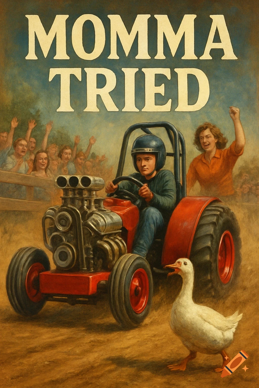 Vintage art style book cover for "Momma Tried" featuring a boy driving a red modified tractor, a cheering woman, and a goose.