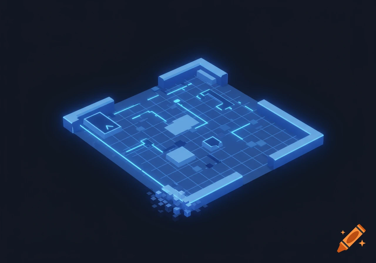 Isometric blue glowing blueprint with a grid and raised sections, dissolving at one corner, in a digital art style.