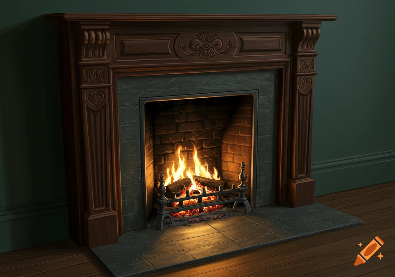 A detailed Victorian fireplace with a dark wooden mantel, slate hearth, and a roaring fire, in a room with dark green walls and wood floor.
