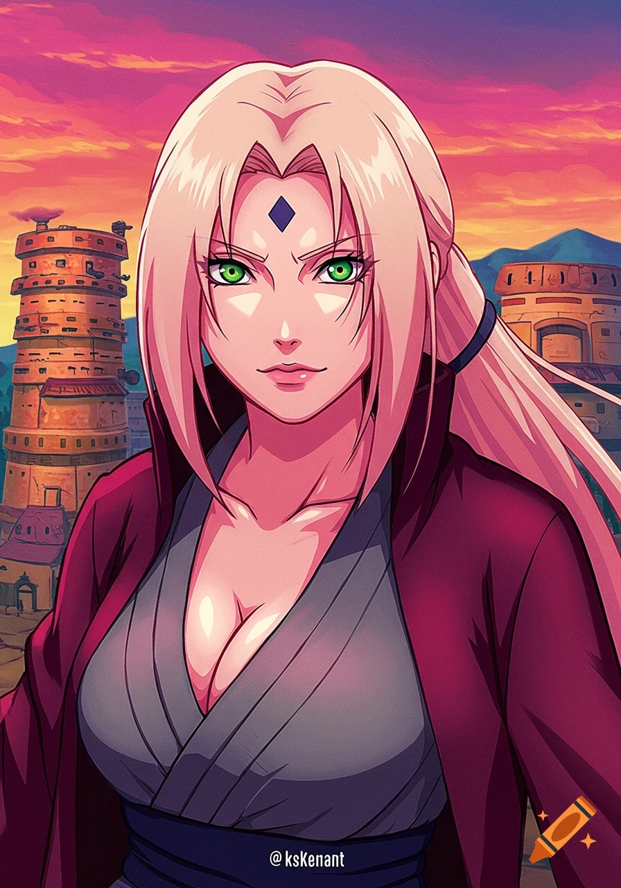 Anime-style portrait of Lady Tsunade with blonde hair and green eyes, wearing a red coat, against a sunset village background.
