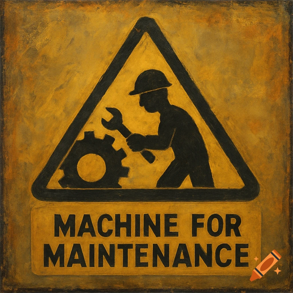 A yellow and black warning sign with a silhouette of a worker holding a wrench and a gear, and text that reads "MACHINE FOR MAINTENANCE."