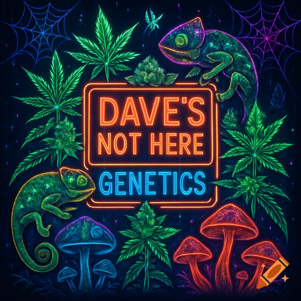 A vibrant neon art sign for 'Dave's Not Here Genetics' surrounded by glowing cannabis plants, chameleons, mushrooms, and spider webs on a dark background.