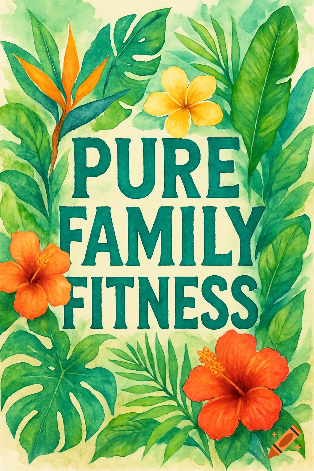 Watercolor illustration of a tropical foliage and flower frame surrounding the text 'PURE FAMILY FITNESS'.