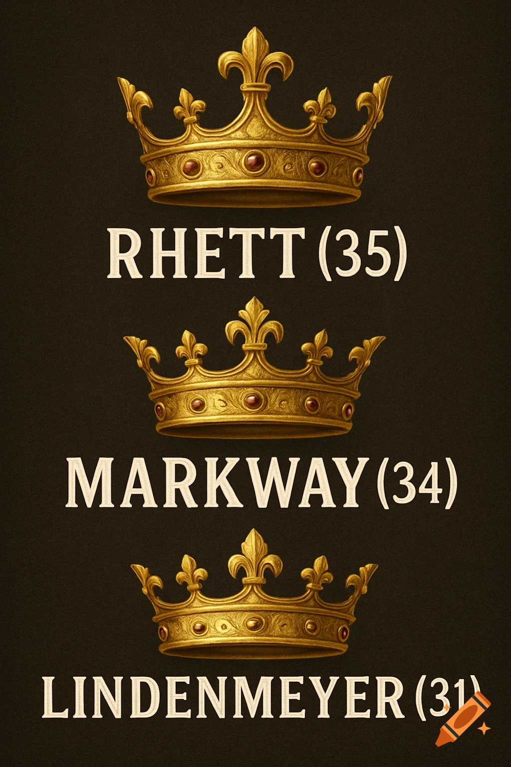Three golden crowns of varying sizes, each with a name and number below it: Rhett (35), Markway (34), and Lindenmeyer (31).