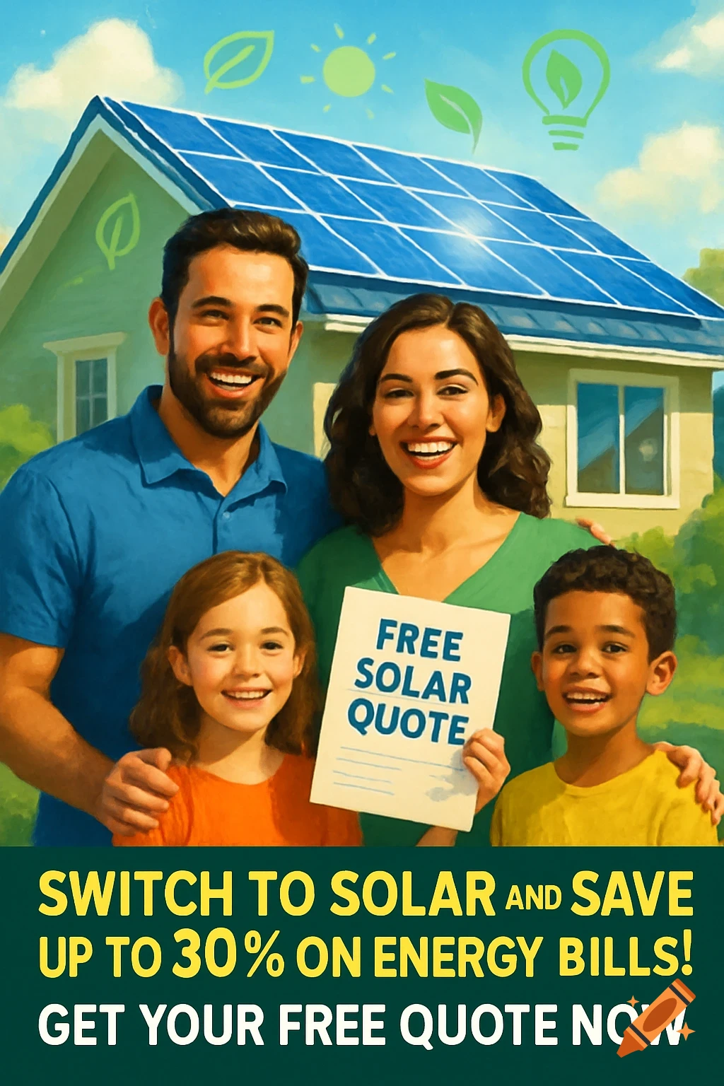A smiling family stands before a solar-paneled house under a bright sky, holding a 'Free Solar Quote' sign, with a banner promoting solar savings.