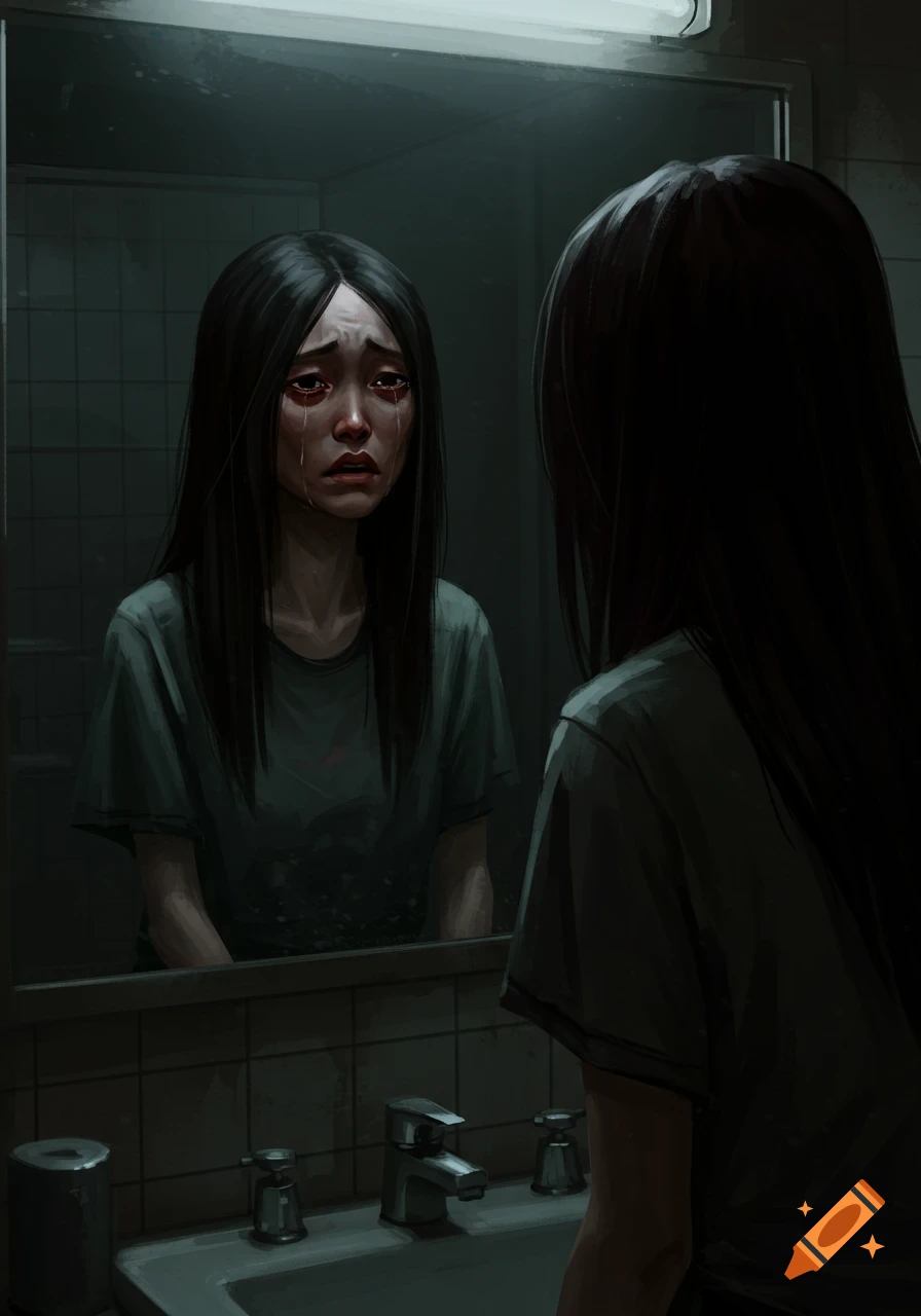 Digital painting of a young woman crying, looking at her reflection in a dark bathroom mirror.