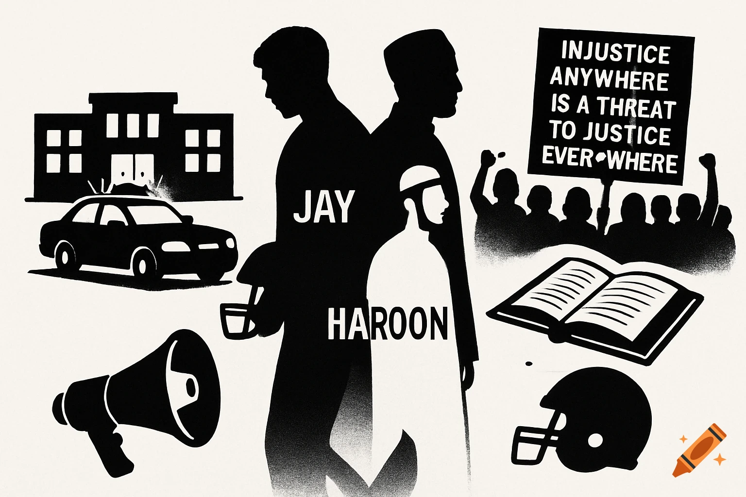 A black and white illustration of two male silhouettes, Jay and Haroon, back-to-back. Surrounding them are a police car, a building, a megaphone, an open book, a football helmet, and a crowd holding a 'Injustice Anywhere is a Threat to Justice Everywhere' sign.