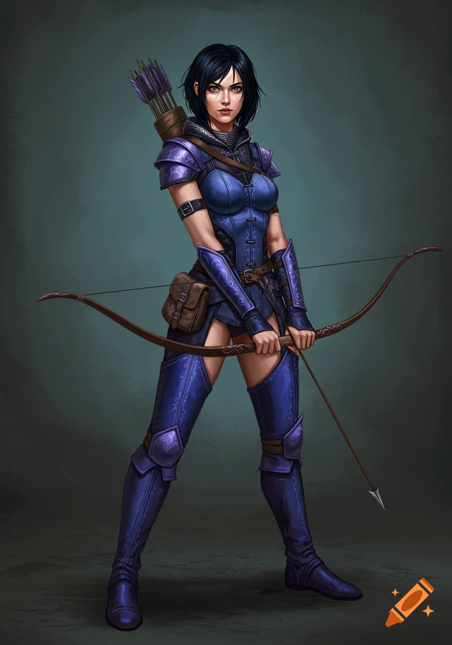 A dark-haired woman in purple and blue fantasy armor holds a bow and quiver of arrows, ready for action.