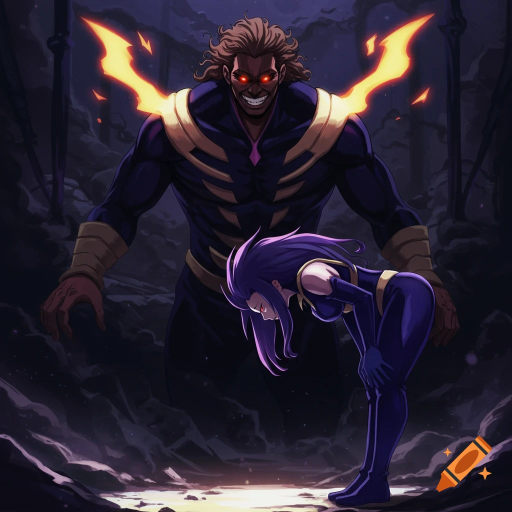An anime-style image depicts a large, dark-skinned male villain with glowing red eyes and fire on his shoulders, grinning menacingly over a slender female hero with purple hair bowing deeply.