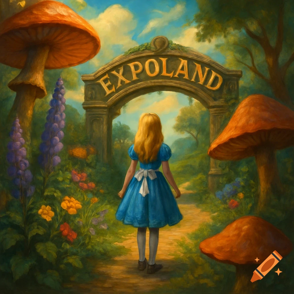 A girl in a blue dress, resembling Alice, walks towards an archway labeled "EXPOLAND" in a vibrant, mushroom-filled fantasy landscape, painted in an illustrative style.