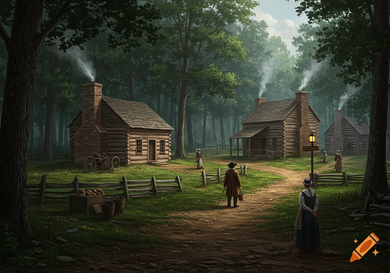 A historical illustration of a quiet colonial village with log cabins, smoky chimneys, and settlers on a dirt path surrounded by thick forest.