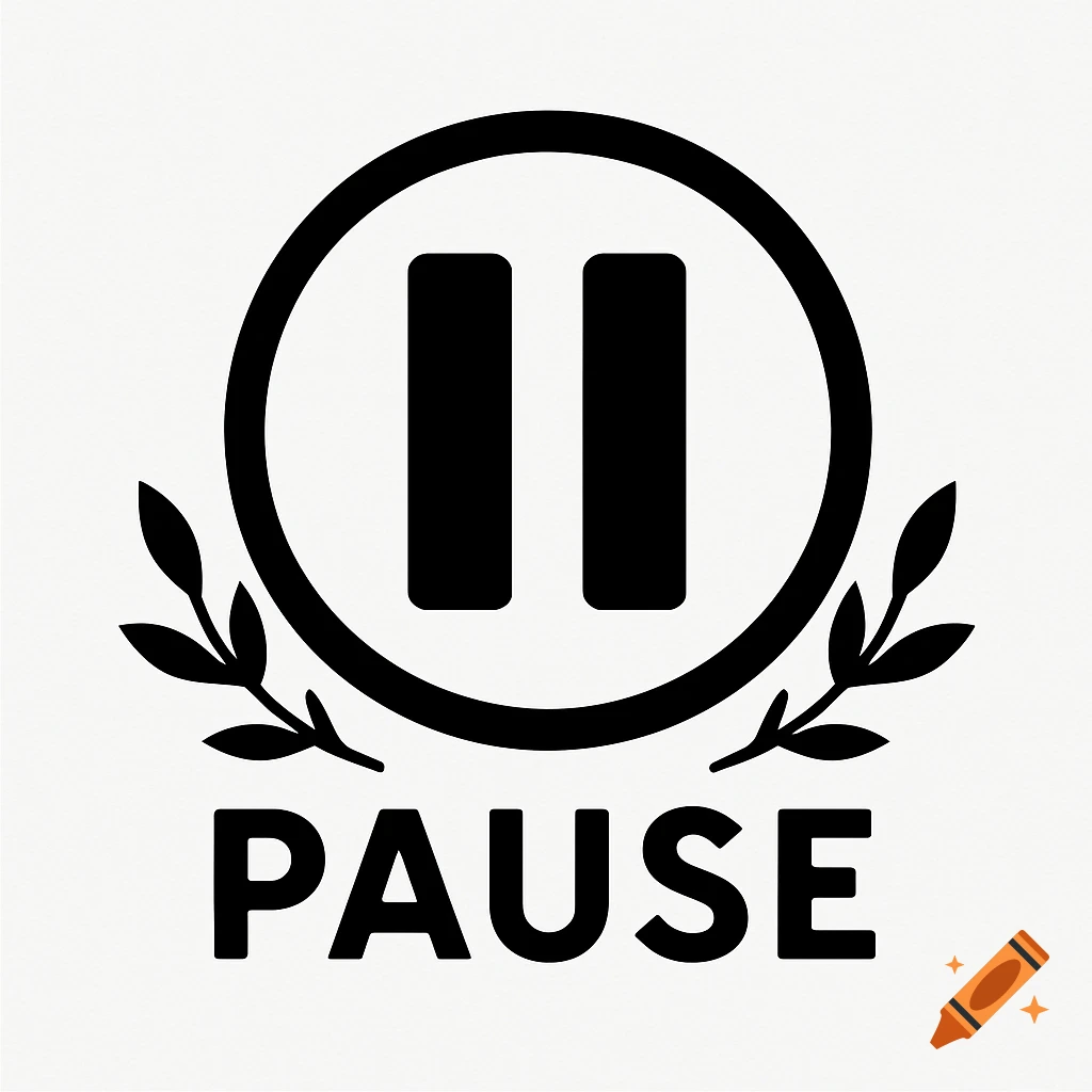 Black and white vector logo with a pause symbol and the word 'PAUSE' below, framed by leaves.