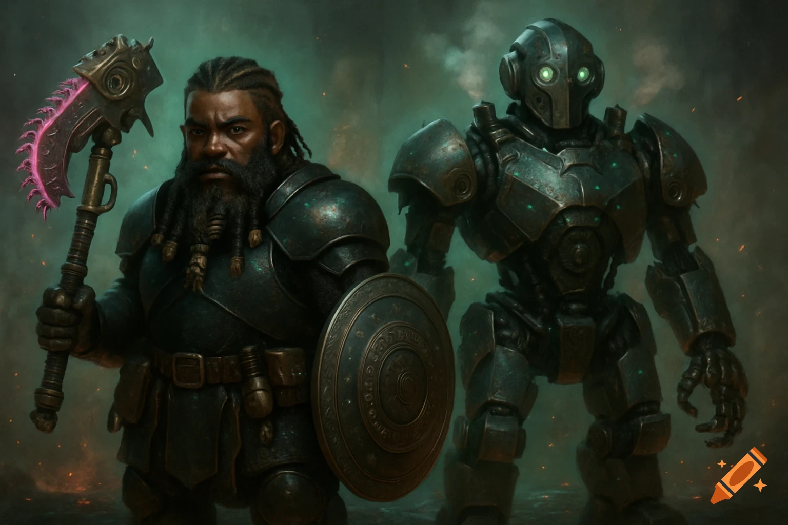 A bronze-skinned dwarf in dark armor holding a chainaxe and shield stands next to a steampunk automaton with glowing green eyes in a misty, battle-scarred field.