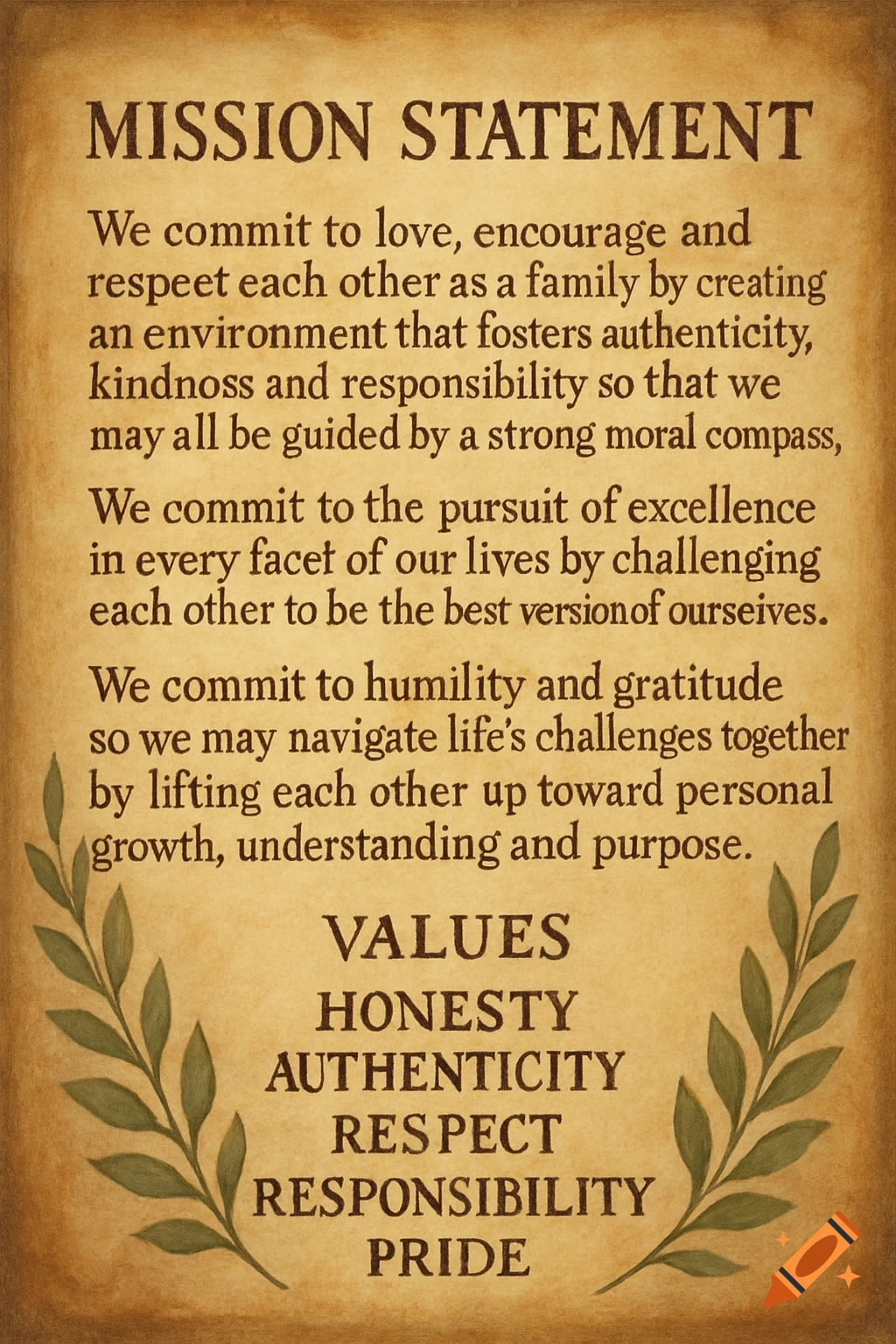 A mission statement and values printed in dark text on an antique parchment background with a green leaf branch illustration.