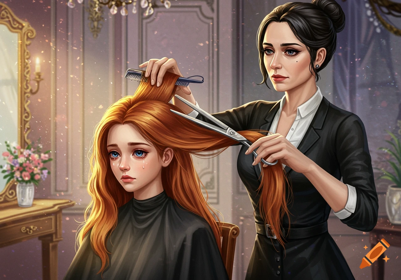 A crying girl with long red hair sitting in a salon while a stylist cuts her hair, depicted in a digital art style.