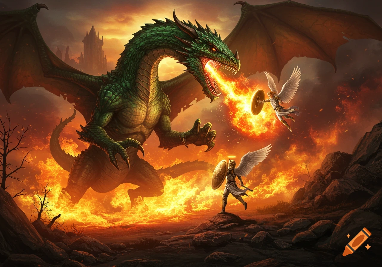 A large green dragon breathes fire at two angels with shields in a fiery, apocalyptic landscape, fantasy art style.