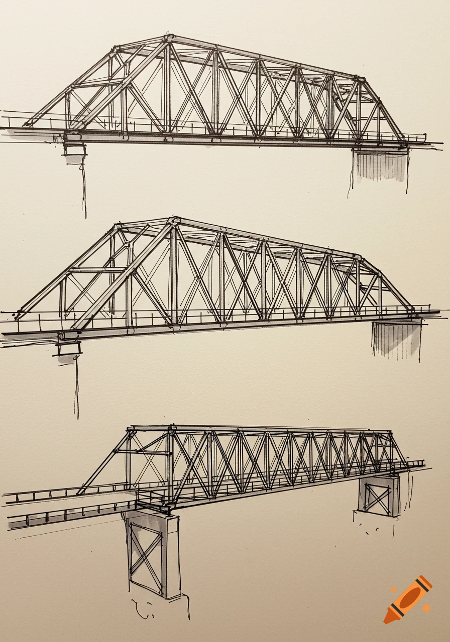 Three rough black ink sketches of different truss bridges on a light background.