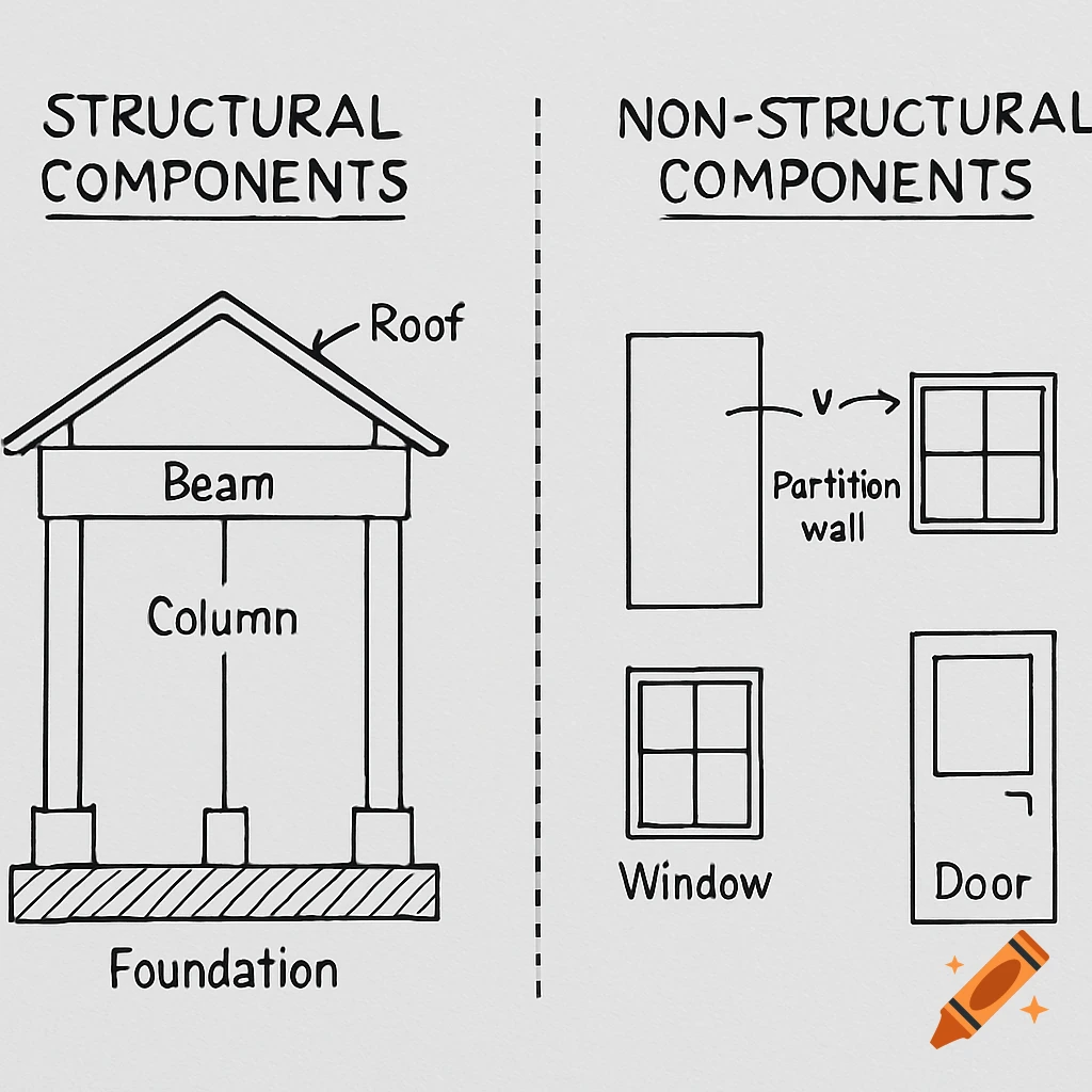 A black and white diagram illustrating structural components like roof, beam, column, and foundation, alongside non-structural components such as partition wall, window, and door.