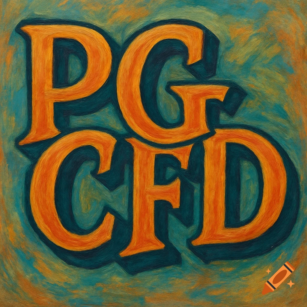 Stylized orange letters "PGCFD" with blue shadow on a textured teal and orange background.