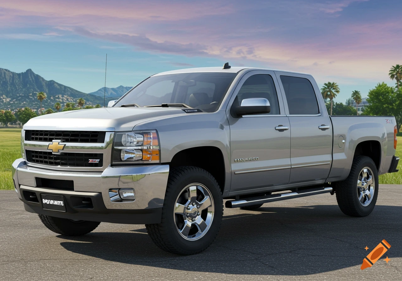 A silver Chevrolet Silverado pickup truck is parked on asphalt with mountains, fields, and palm trees in the background under a blue and purple sky.