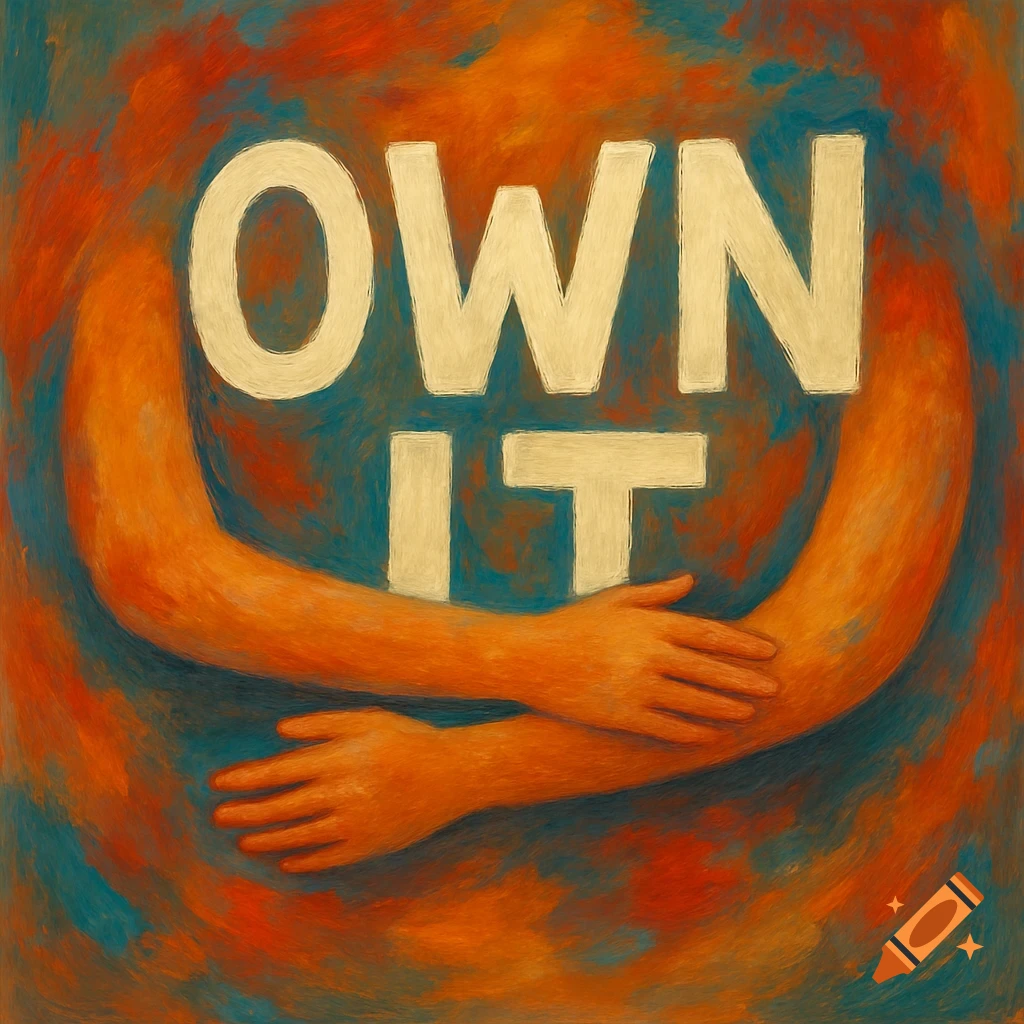 Two arms embrace the large, white words 'OWN IT' against a vibrant, painterly background of orange, red, and blue swirls.