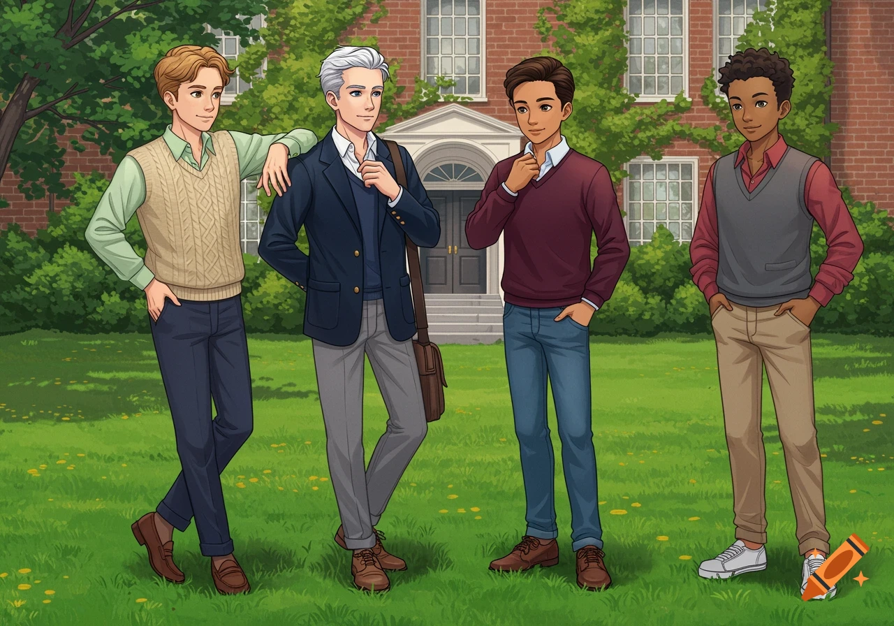 Four anime boys, dressed in preppy attire, stand on a green lawn in front of a brick university building.