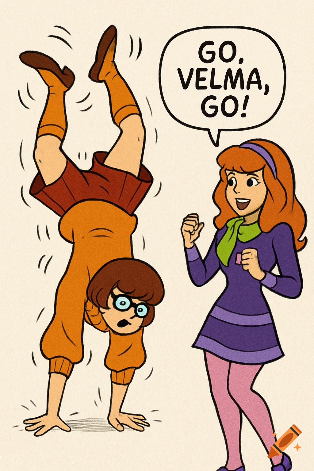 Cartoon of Velma doing a wobbly handstand while Daphne cheers her on with a speech bubble saying 'GO. VELMA, GO!'