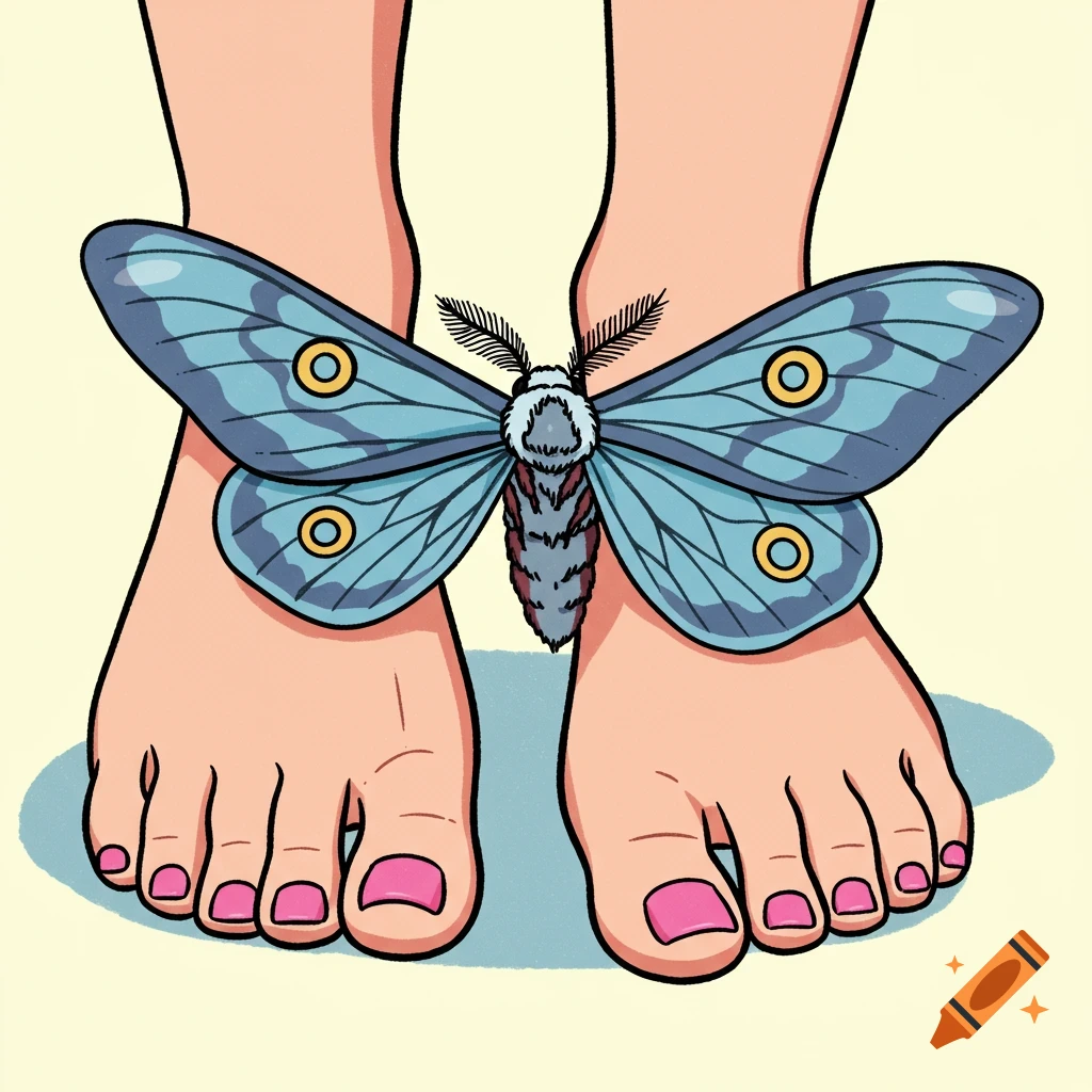 A blue moth with large wings rests between two human feet with pink toenails, in a cartoon clipart style.