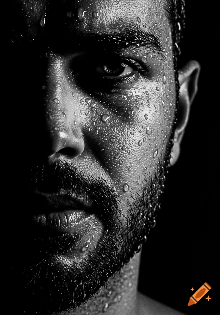A high-contrast black and white close-up portrait of a man's right face covered in water droplets against a dark background.