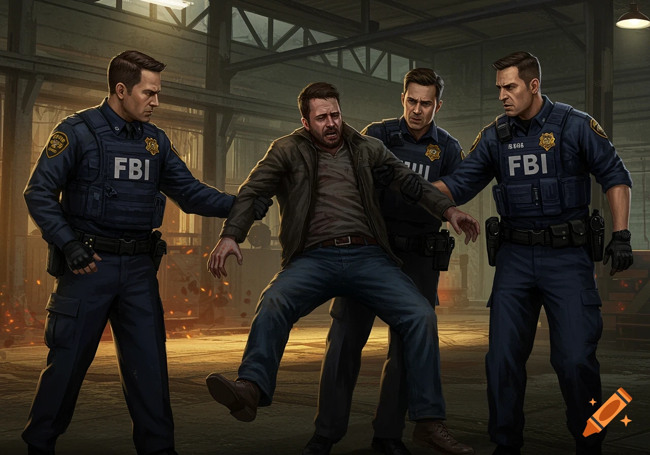 Three FBI agents apprehend a man, holding him by his arms in a dark, industrial setting, in a dramatic, illustrative style.