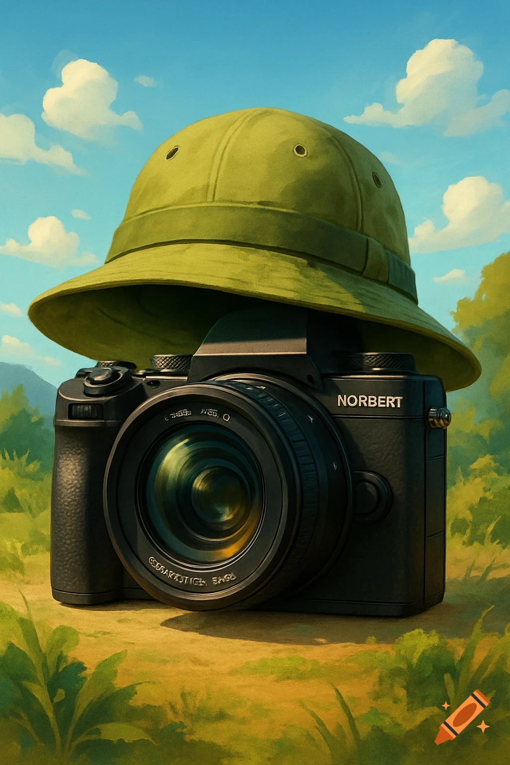 A black modern mirrorless camera with a green explorer's hat on top, set against a vibrant outdoor background with blue sky and green foliage, in a stylized art style.