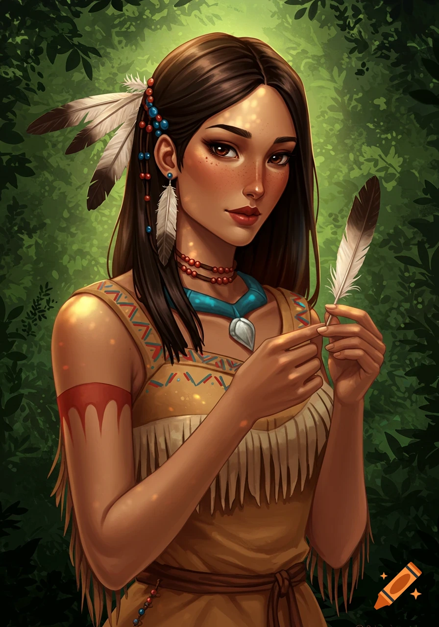 Stylized digital painting of a young woman resembling Pocahontas, with long dark hair, feathered ornaments, and traditional attire, holding a feather in a lush green forest.