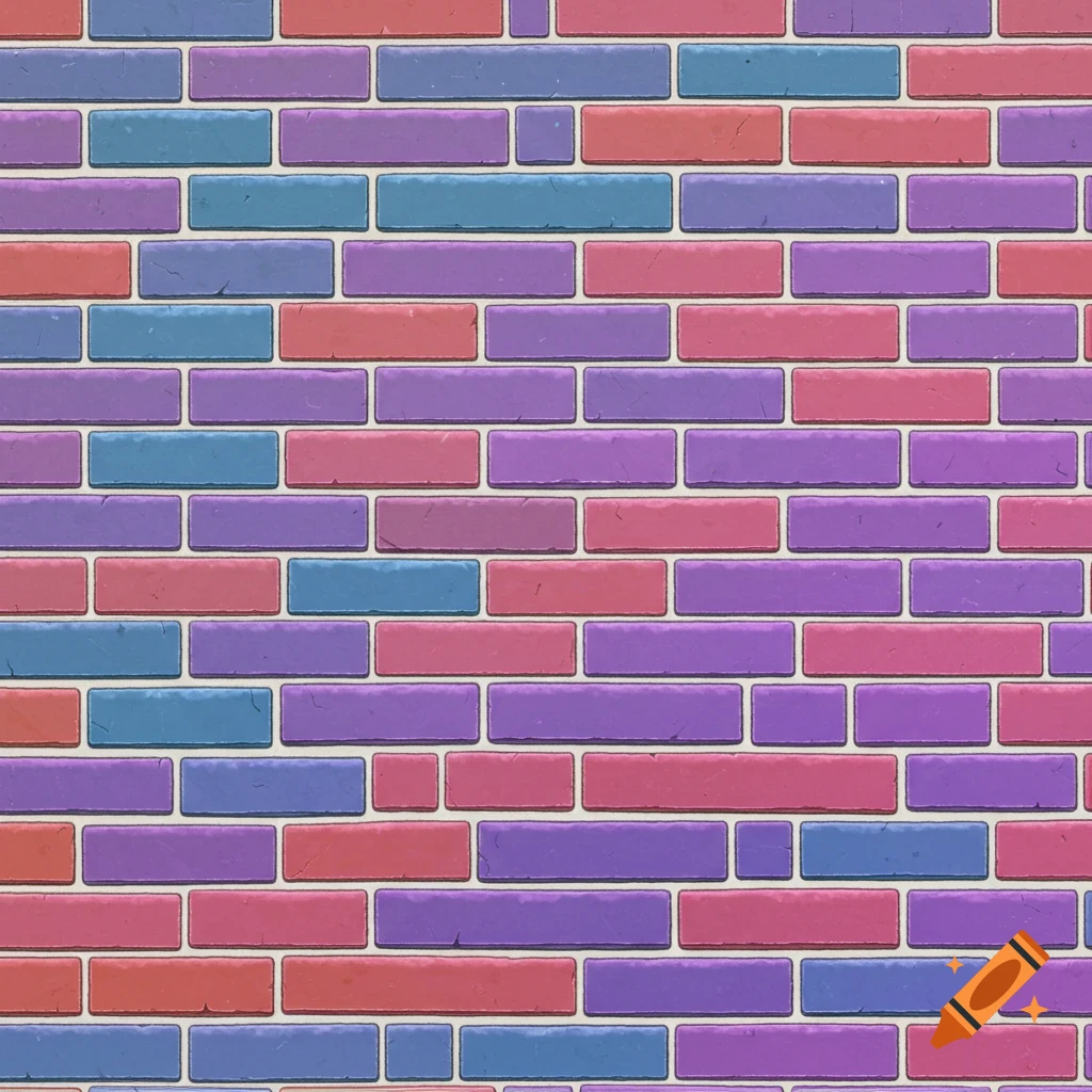A seamless pattern of colorful bricks in shades of purple, blue, and reddish-pink with white mortar lines.